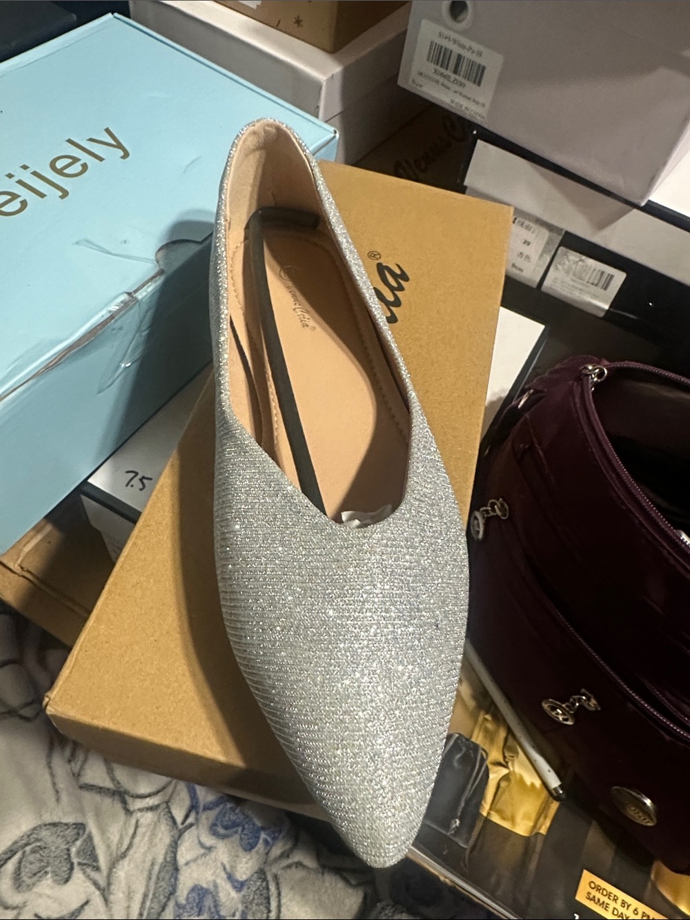 Sparkling Silver Pointed Ballet Flat by (unbranded)